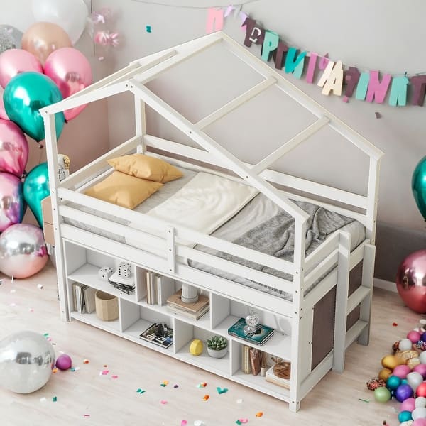 slide 2 of 18, Twin Size Loft Bed with Under Bed Shelving Storage Unit,Guardrails,Ladder White