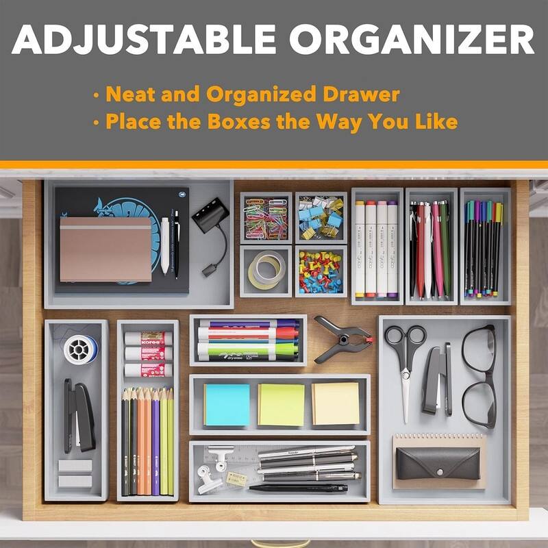 14-Piece Bamboo Drawer Organizer Storage Boxes Set, Wood Tray Junk Drawer Organizers Multi-Use Divider Bins