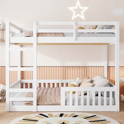 Full over Full Wood Bunk Bed with Ladder and Guardrails