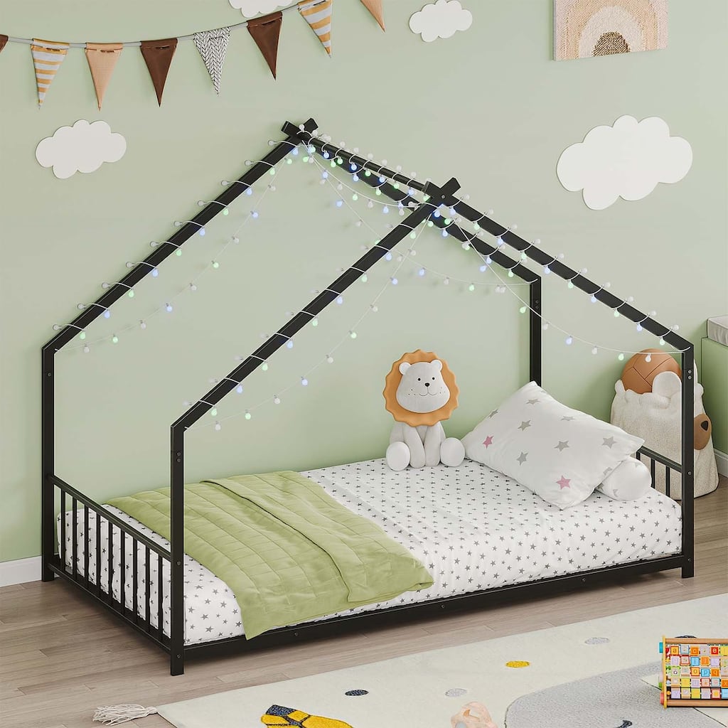 Platform Bed with LED Light Strips,Roof-Shaped Iron Frame,Sturdy and Safe Design