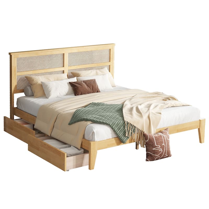 Queen Platform Bed with Rattan Headboard, 2 Drawers, Solid Rubber Wood Frame