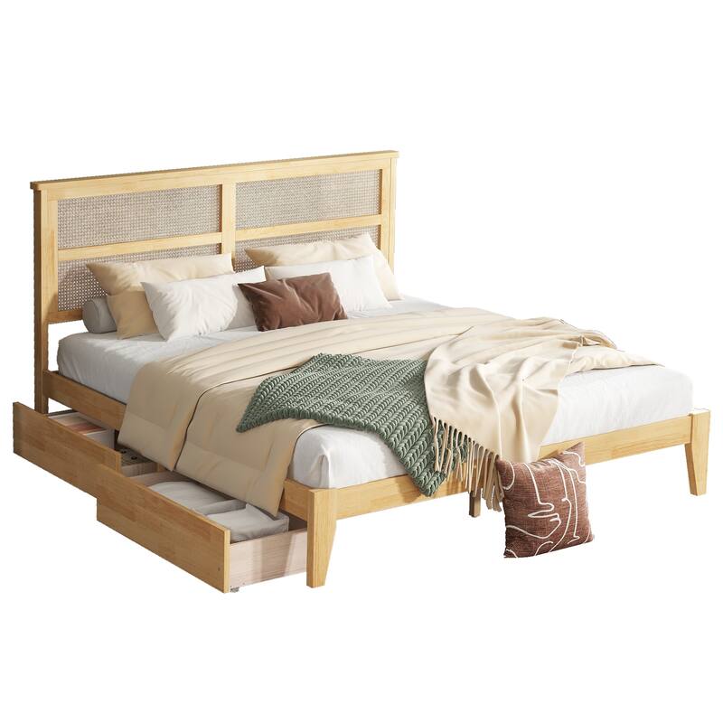 Wood Platform Bed Frame with Rattan Design Headboard/2 Under-Bed Storage Drawers/Reinforced Support Slats/No Box Spring Needed