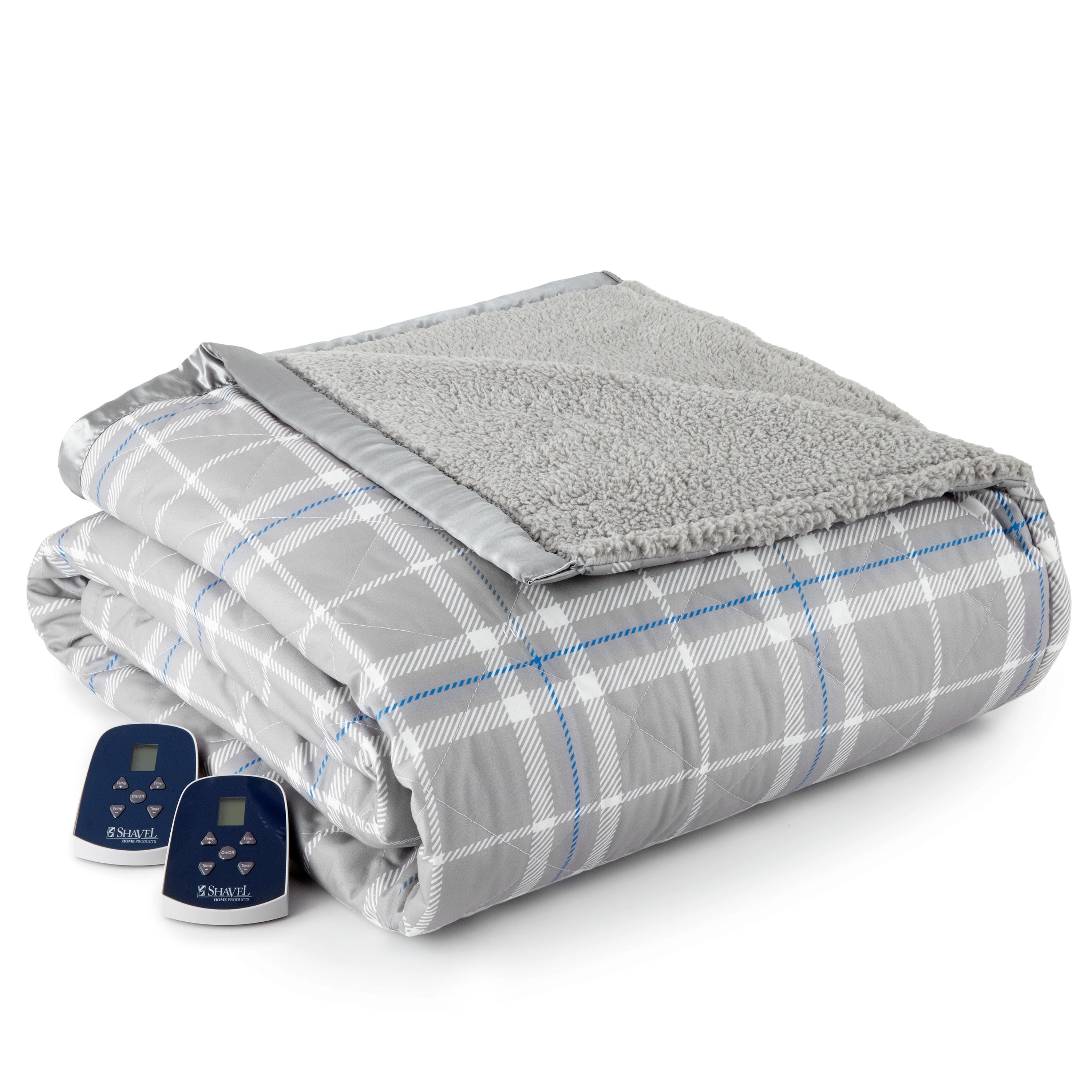 Shavel Quilted Micro Flannel Sherpa 6 layer Heated Electric Blanket Queen Carlton Plaid Gray