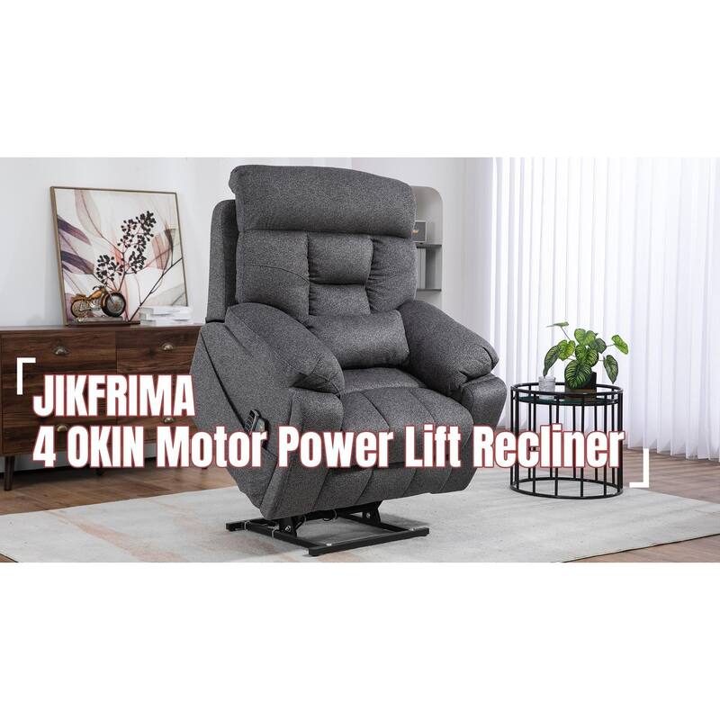 Luxury Electric Lift Recliner with Heat, Massage, 180° Recline, 4 OKIN Motors, Dual Remotes, and Cup Holders. - Grey
