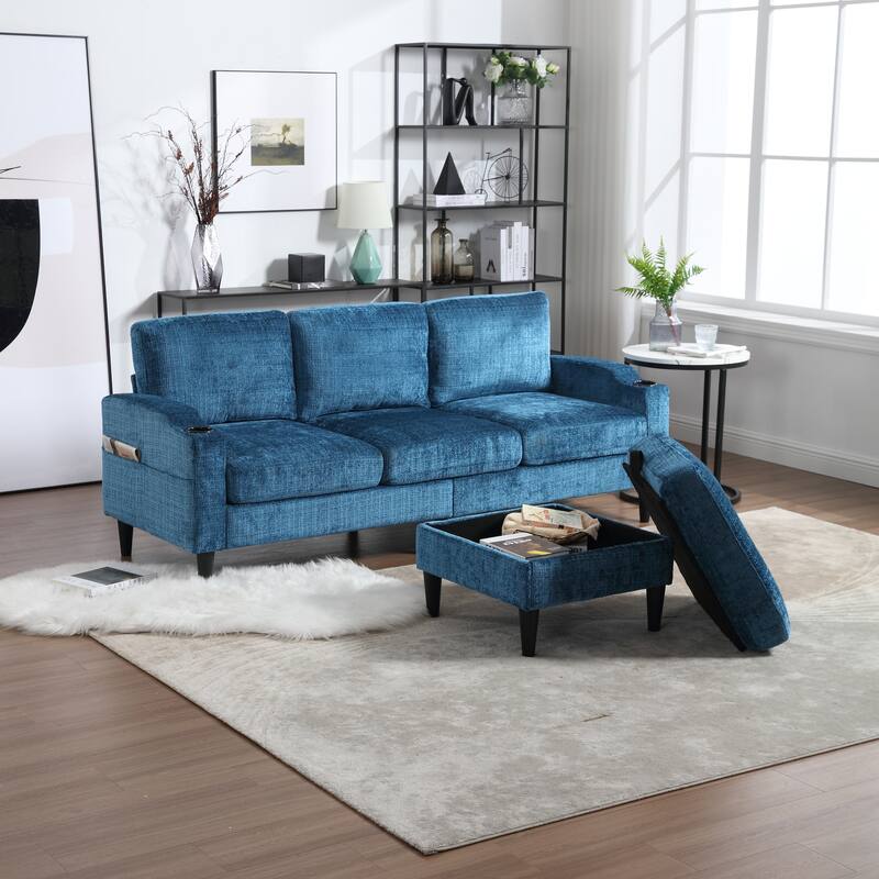 Modular Sectional Sofa with Storage Ottoman, Comfy Chenille Fabric Sofa, 3-Seater Sofa with Side Pockets & 2 Cup Holders