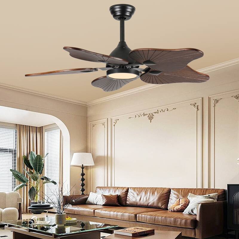 44-Inch Ceiling Fan with Light, 5 Solid Wood Blades, DC Motor, APP & Remote Control, Dimmable Full-Spectrum LED - Acacia Wood