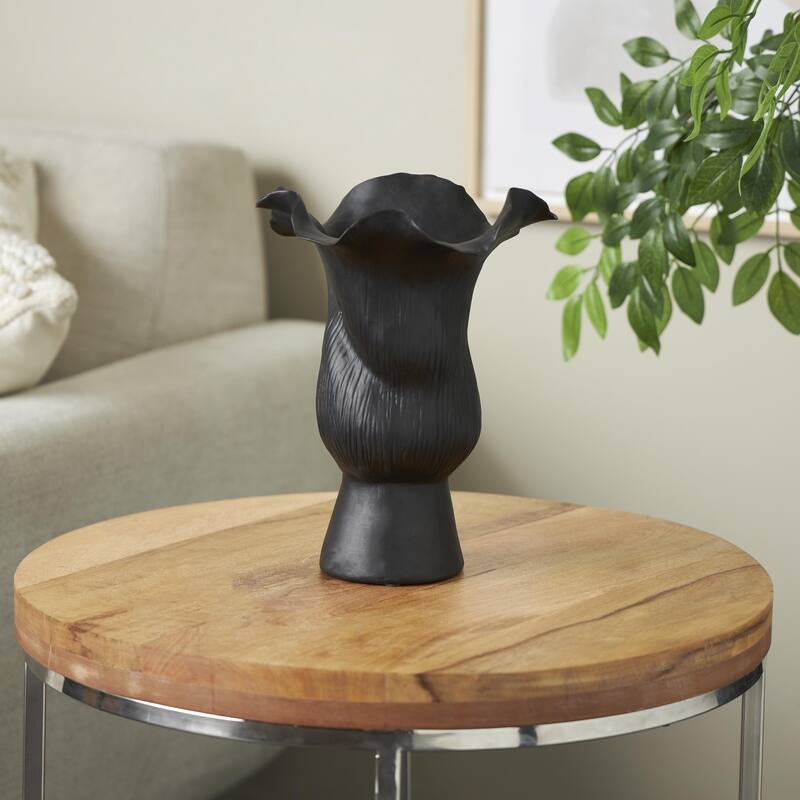 Ceramic Abstract Floral Inspired Vase with Wavy Folded Rim and Linear Grooves - White or Black - Roche River Decor