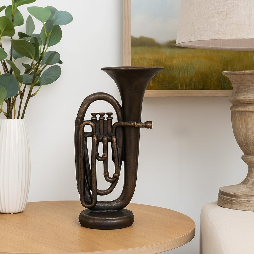 Trumpet Tabletop Decor, Dark Bronze Resin, Round Base, 15 Inch