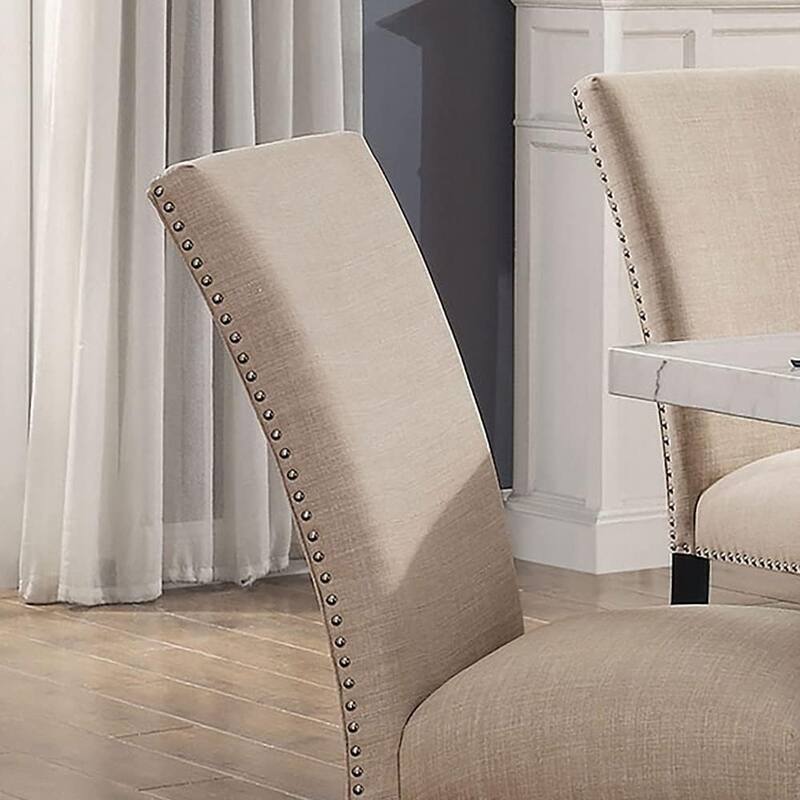 Beige Linen Like Fabric Contemporary 2pc Dining Side Chairs Nalihead Trim Black Solid wood Legs Dining Room Chairs