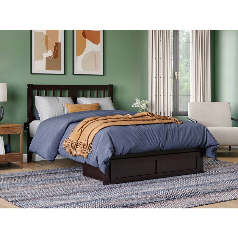 Full Bed with Foot Drawer & Charging Station - Vintage Style, Espresso Finish, Solid Wood Frame