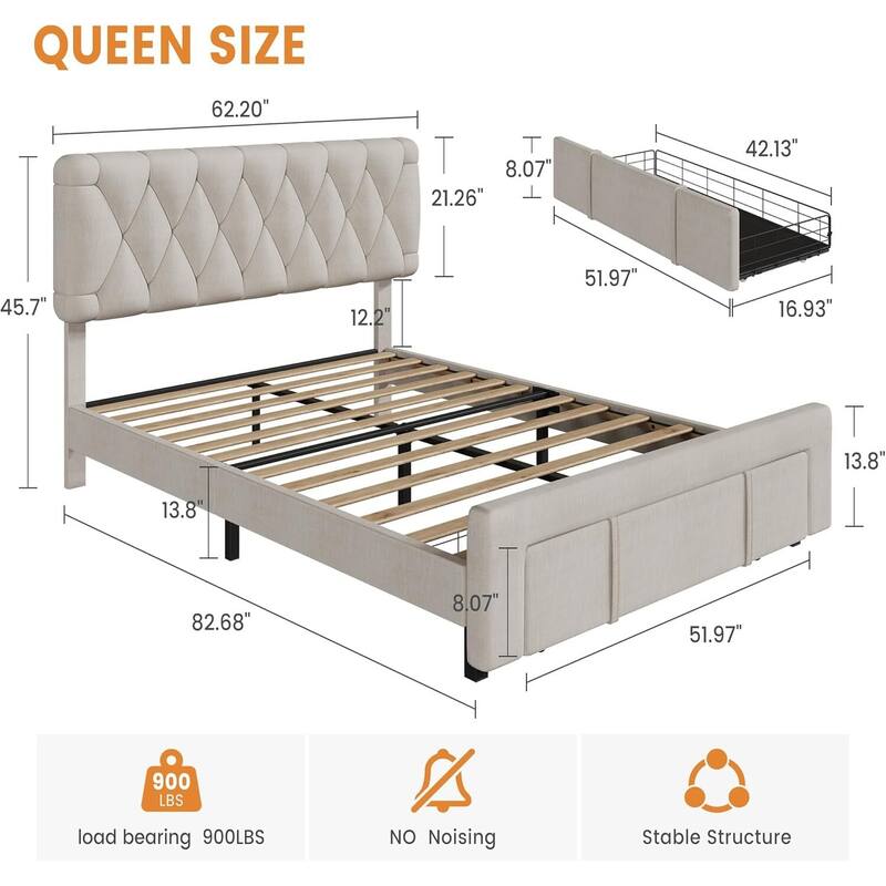 Upholstered Platform Bed Frame with Storage Drawers, No Box Spring Needed, Beige