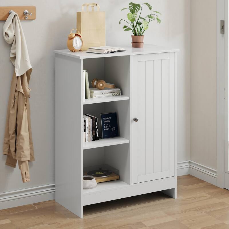 White Freestanding Storage Cabinet – Bathroom & Kitchen Organizer with 1 Cabinet, 3 Open Shelves & Adjustable Compartments‌