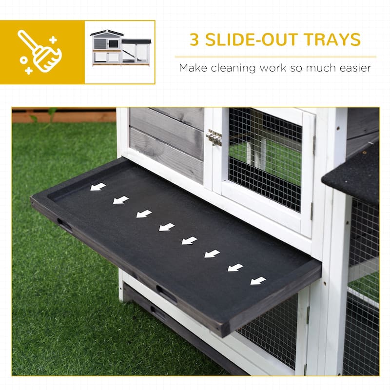Grey-White Large Wooden Bunny Hutch with Ramp Run Box and Black Weather-Resistant Roof - 62" L x 20.75" W x 36.75" H