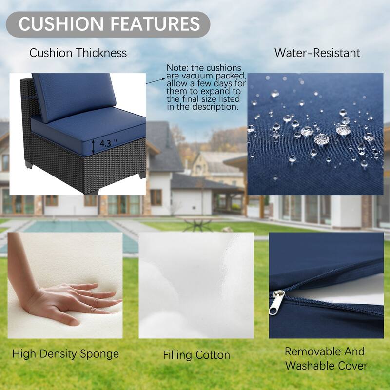 7-Piece Outdoor Patio Furniture Set Sectional Sofa Chairs and Tempered Glass Coffee Table PE Rattan Steel Frame with Cushions