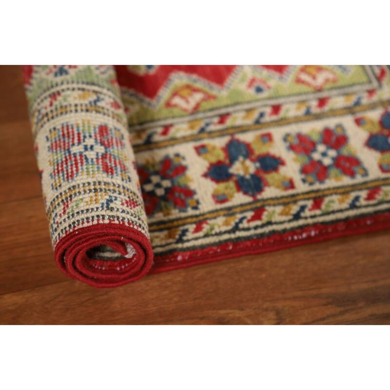 Geometric Kazak Oriental Foyer Rug Hand-Knotted Red Wool Carpet - 2'0"x 3'0"