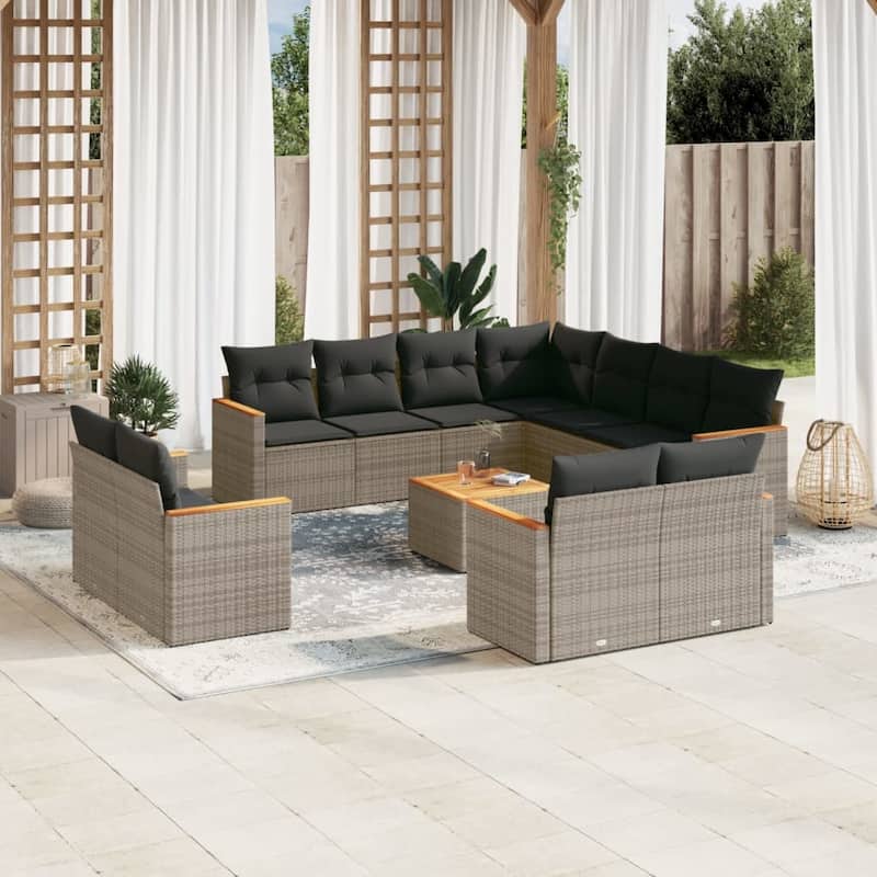vidaXL Patio Sofa Set with Cushions Outdoor Conversation Furniture Poly Rattan - 24.4 x 24.4 x 27.2 in - Gray with table