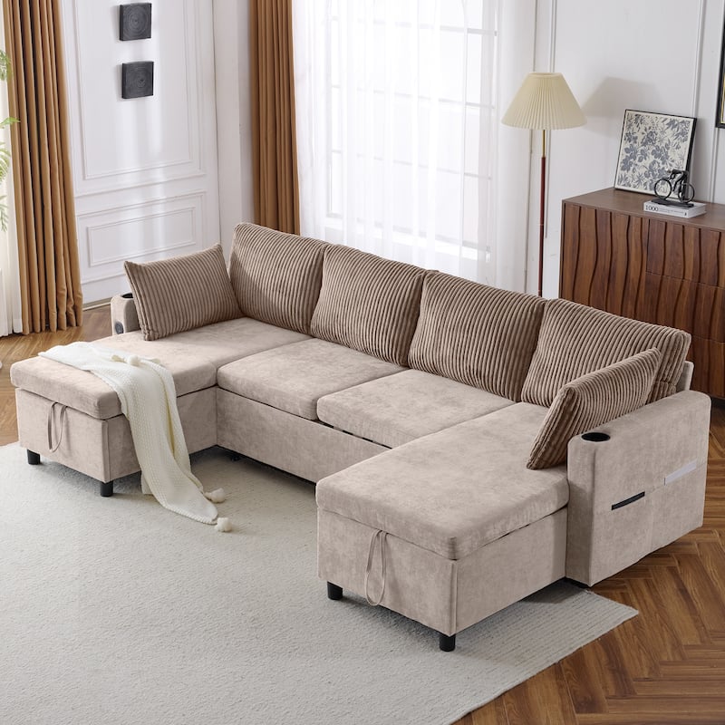 Corduroy L-shaped Sofa Sectional Sofa with 2 USB Ports and 2 Power Sockets, Storage Drawer Settee for Living Room