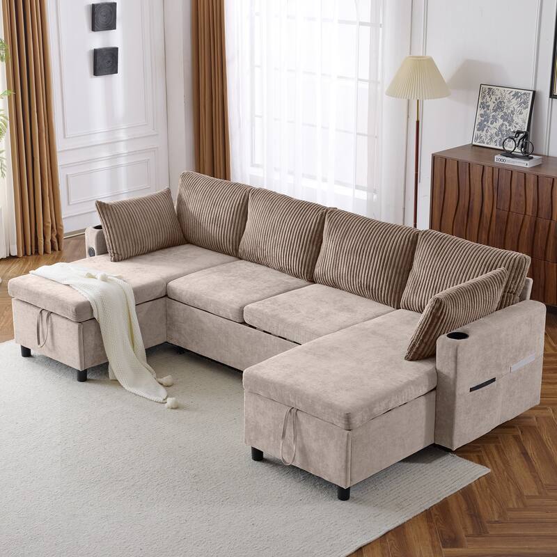 Sectional Sofa Pull-out Sofa Bed with Large Storage Space, 2 USB Ports and 2 Cup Holders Chenille Tufted Couch