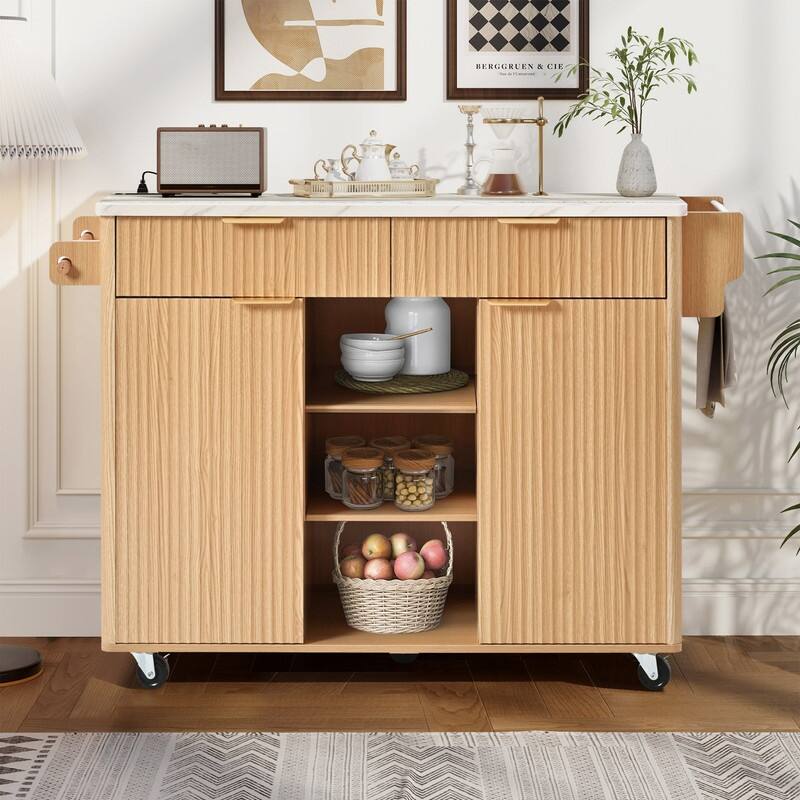 Fluted 52" Kitchen Island Cart with Drop Leaf, Power Outlet, Rolling Island Table with Adjustable Shelves for Versatile Storage