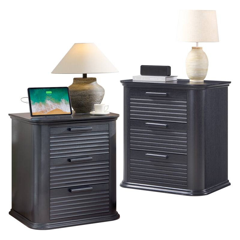 22" Wide Fluted Nightstand with Charging Station, Modern End Table, Wood 3 Drawer Dresser, Large Bedside Tables