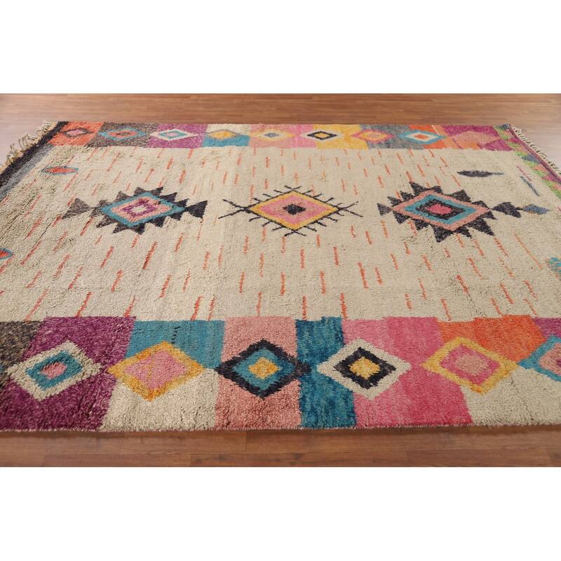 Geometric Plush Moroccan Area Rug Hand-Knotted Wool Carpet - 8'2" x 10'7"
