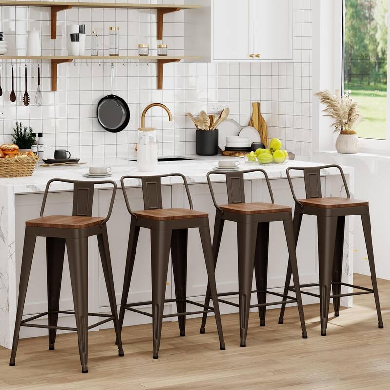 Counter & Bar Stools with Metal Frame Kitchen Stools with Low Back Kitchen Bar Furniture Stools with Square Wooden Seat - Set of 4 - Rusty - Counter Height