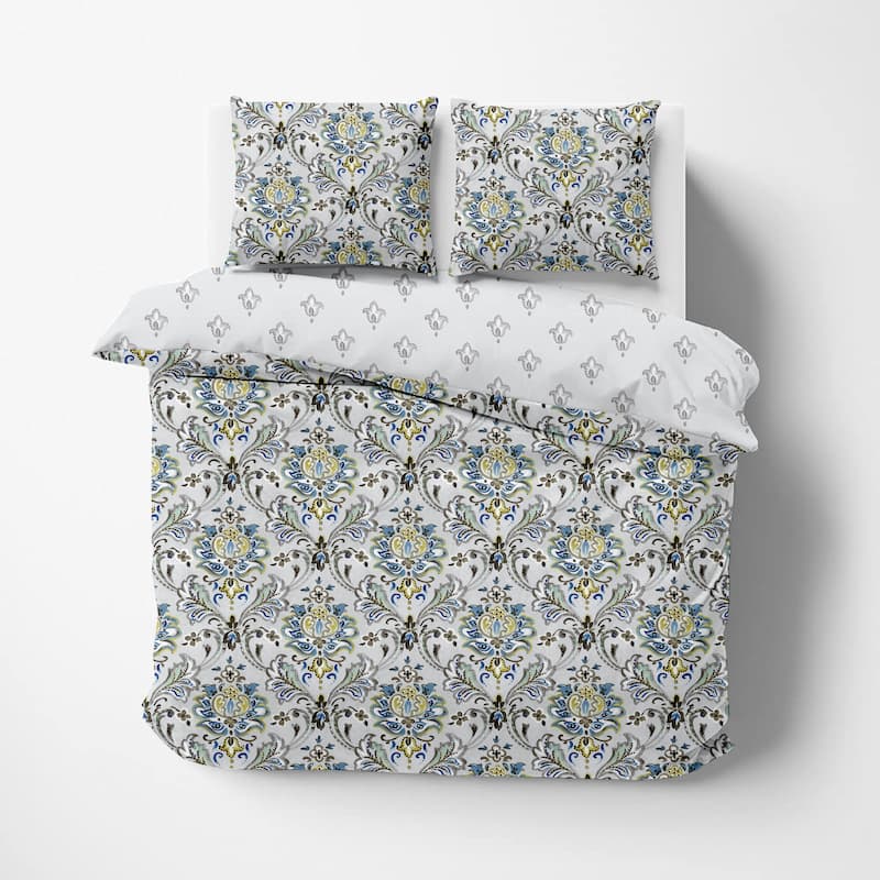 Delara GOTS Certified 100% Organic Cotton Damask Reversible Print Duvet Cover and Sham Set of 2