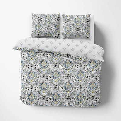 Delara GOTS Certified 100% Organic Cotton Damask Reversible Print Duvet Cover and Sham Set of 2