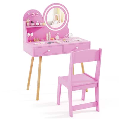 Gymax Kids Vanity Set w/ Lighted Mirror Princess Makeup Dressing Desk