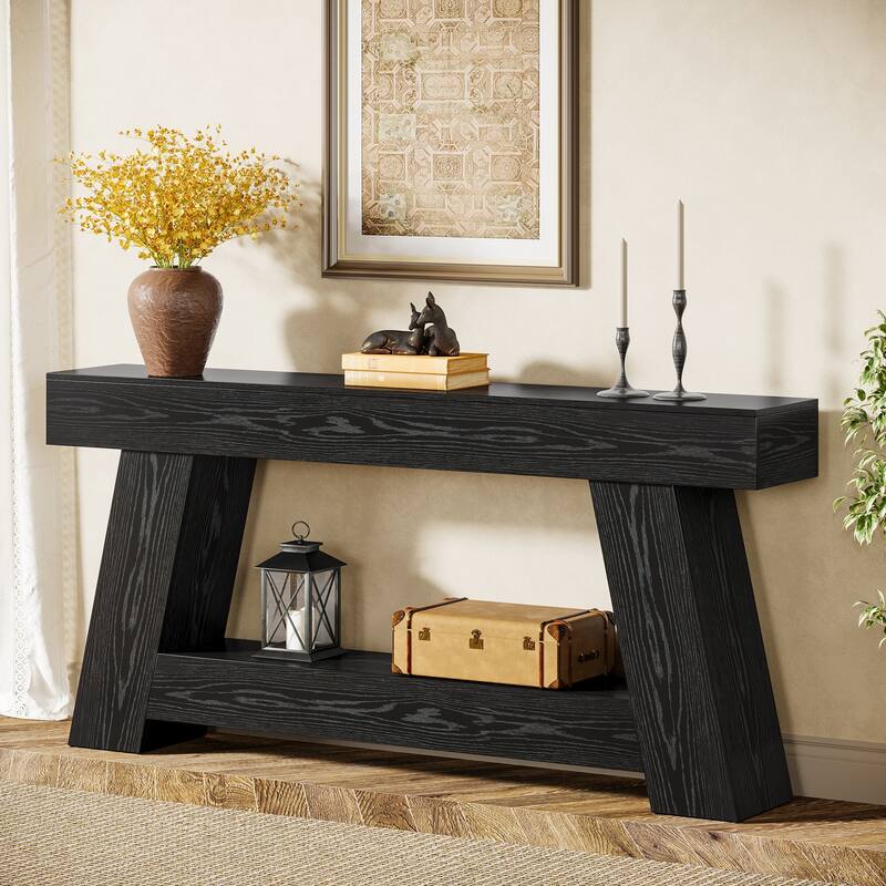 Industrial Wooden 2-Tier Sofa Console Table with Storage for Entryway