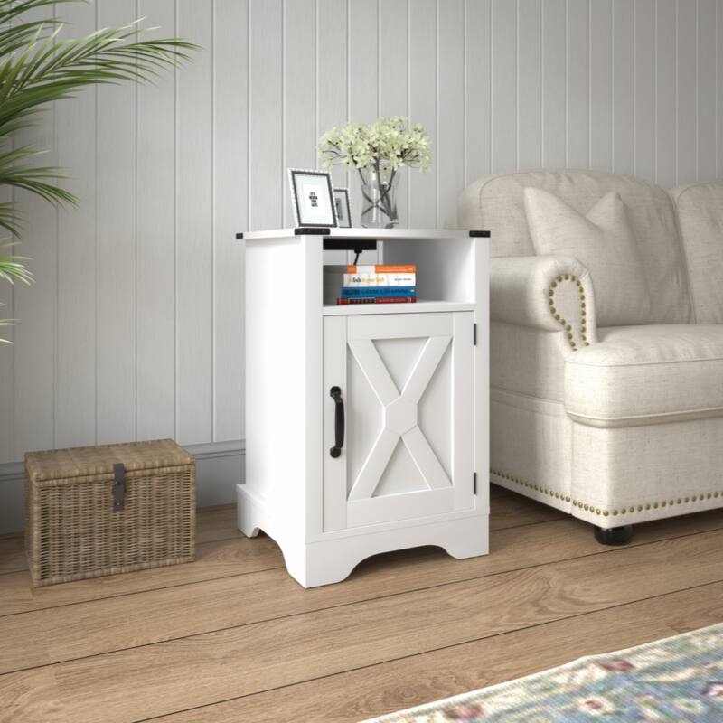 Farmhouse Nightstand Side Table,Tall Bedside Table with Electrical Outlets Charging Station - White