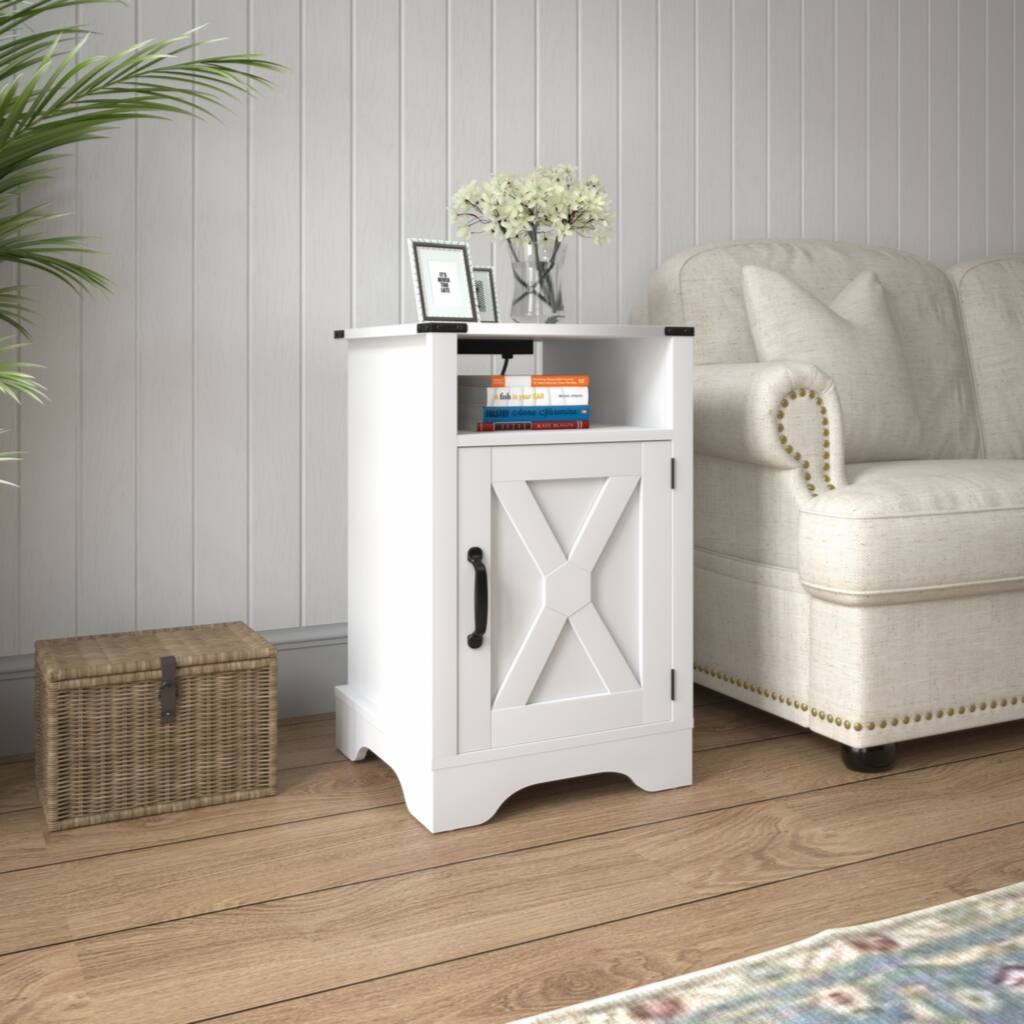 Farmhouse Nightstand Side Table,Tall Bedside Table with Electrical Outlets Charging Station - White
