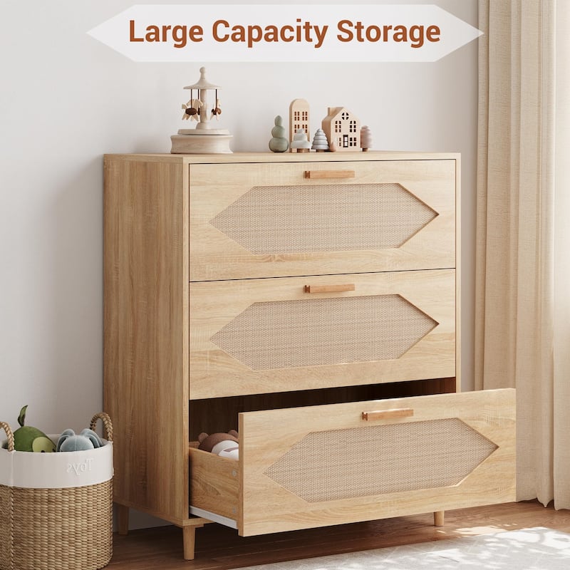 3 Drawer Rattan Dresser for Bedroom, Modern Wood Chest of Drawers with Rattan Accents