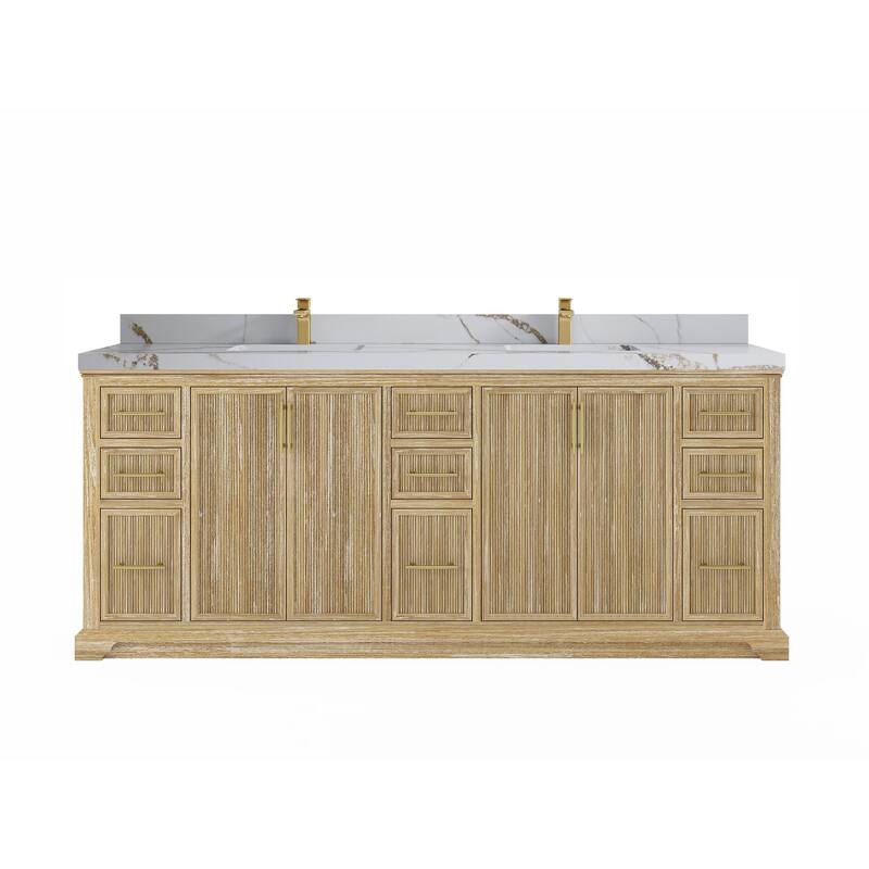 Willow Collections 84 in. W x 22 in. D Alys Solid Teak Wood Double Sink Bathroom Vanity with Quartz or Marble Countertop - 2”Calacatta Gold - Whitewashed