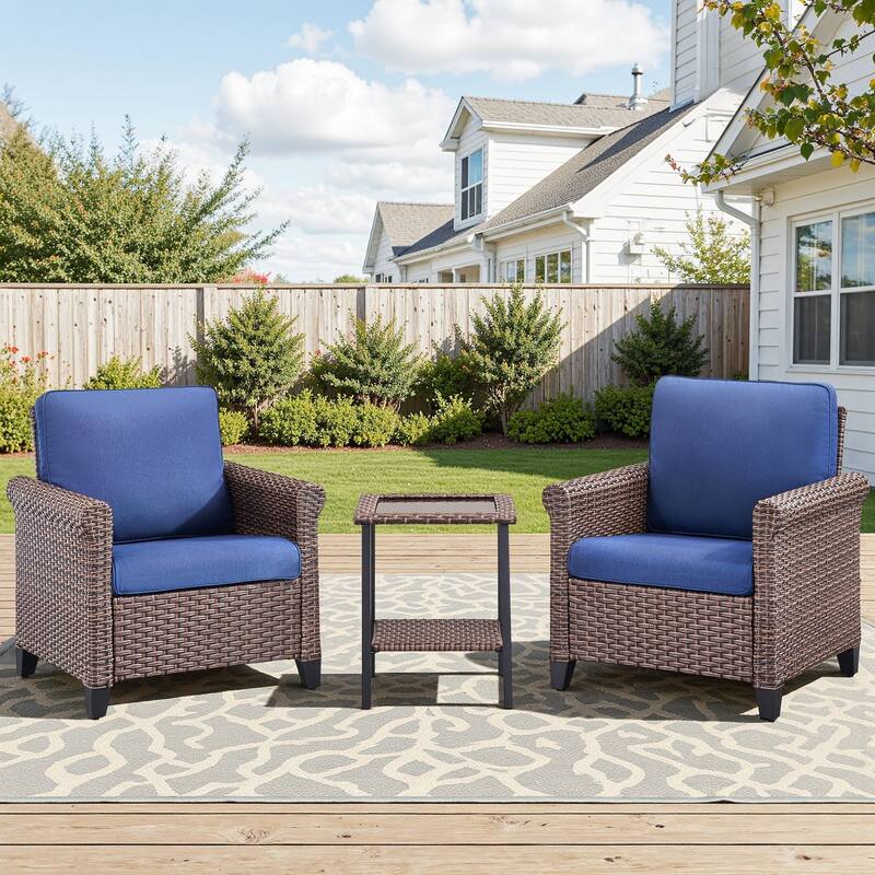 Pocassy Outdoor Sofa Swivel Chairs Patio Chair Funiture Set - 3PCS Patio Chair w/ Table - Brown Wicker Beige Cushion