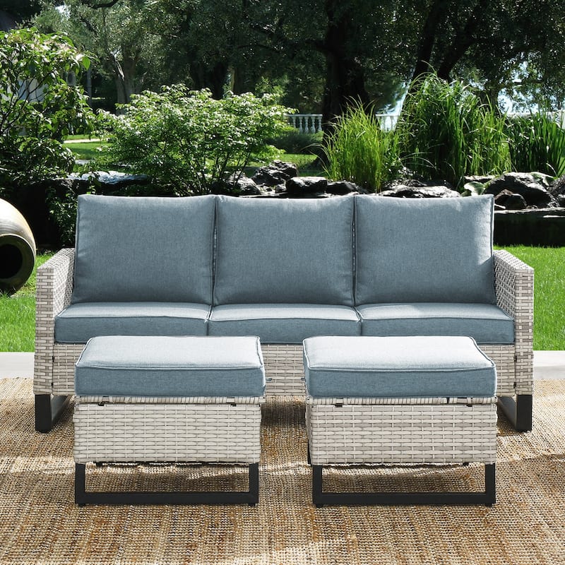 Pocassy Outdoor 3-Seat Sofa Ottomans Set of 3 - Light Grey - Baby Blue