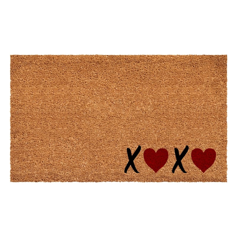 HomeRoots 17" X 29" Black Brown And Red Heart XOXO Outdoor Coir Door Mat - 17.00' X '29.00