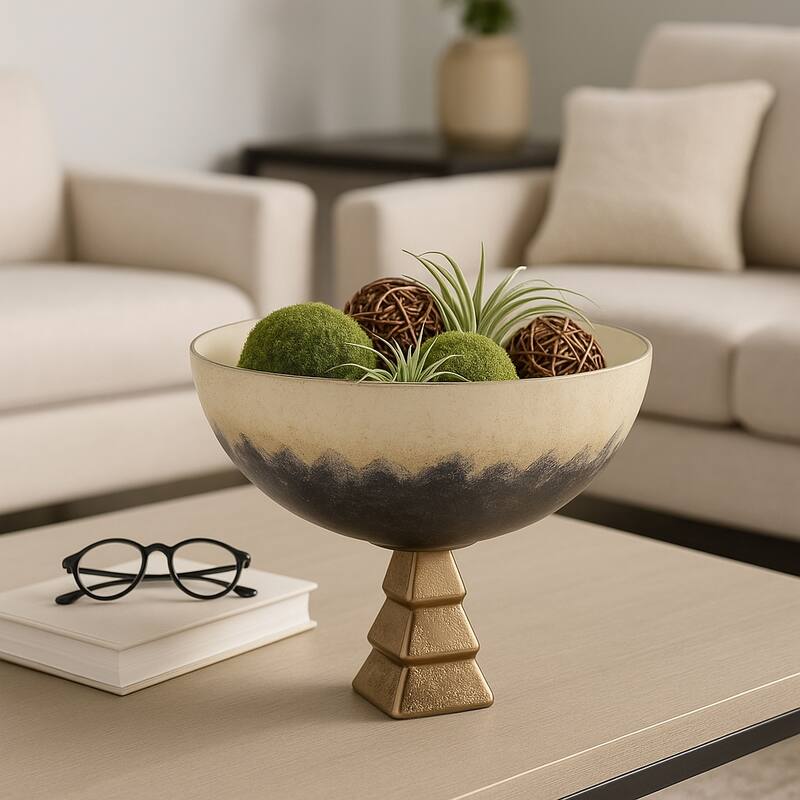 Modern Decorative Round Metal Bowl with Stand - 11", Ivory & Blue - 11.0"