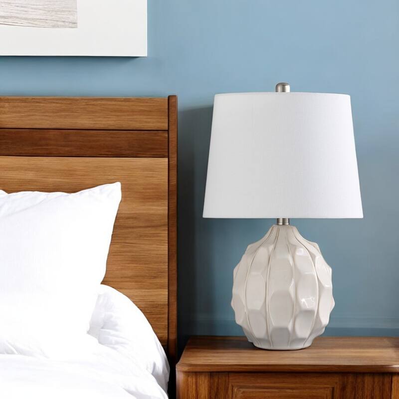 HomeRoots Cream Ceramic Faceted Table Lamp With Off White Drum Shade - 13