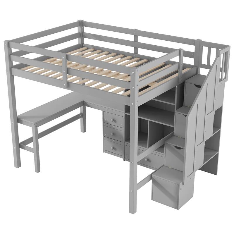 Twin/Full Loft Bed with L-Shaped Desk and Storage Staircase, Multi-Functional Solid Wood Loft Bed Frame with Drawers & Bookcase