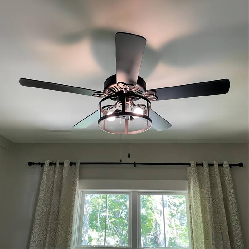 52" Industrial Black Wood 5 Blades Indoor Ceiling Fan with Pull Chain