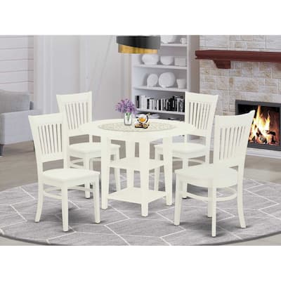 5-Piece Linen White Finish Solid Wood Top - Round Dining Room Set - Seats 4