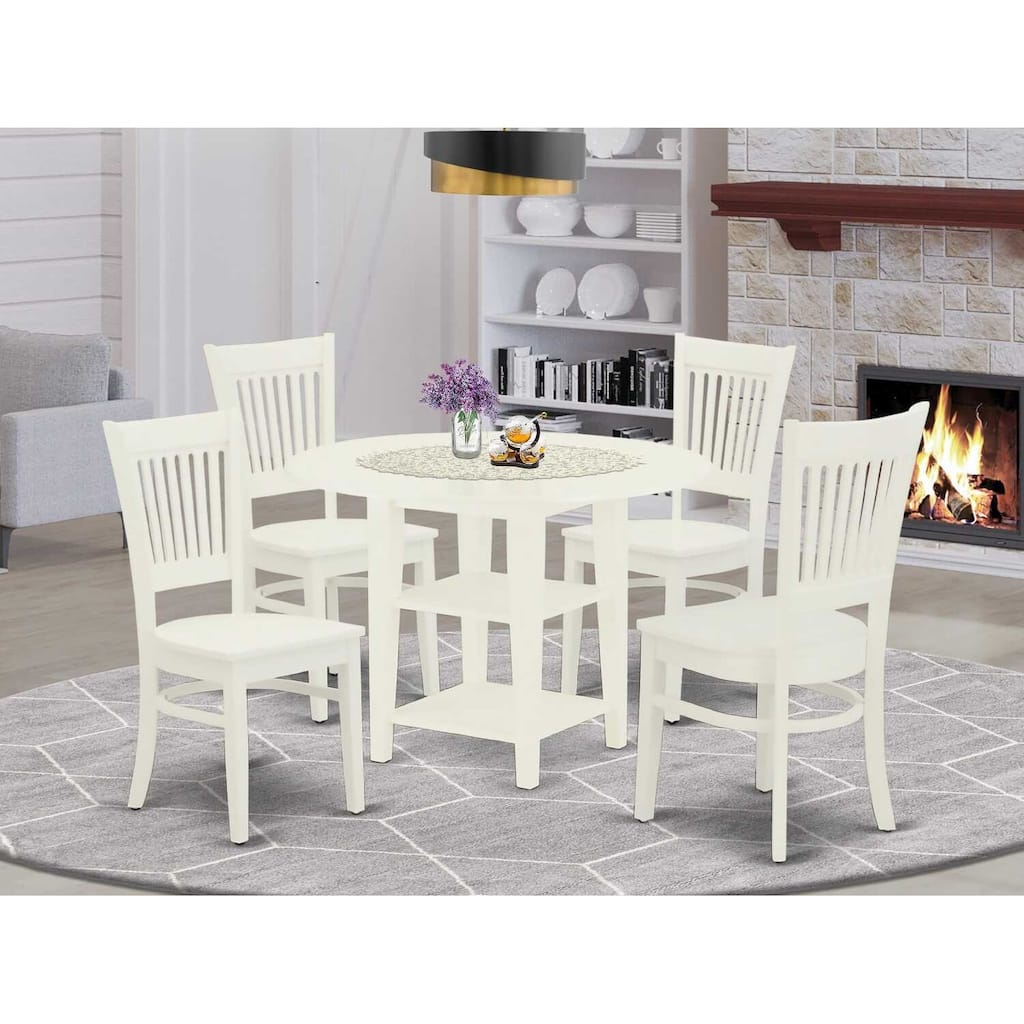 5-Piece Linen White Finish Solid Wood Top - Round Dining Room Set - Seats 4