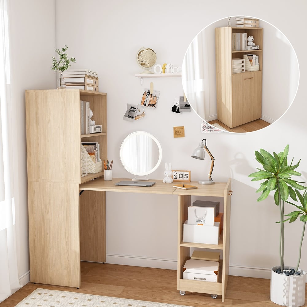 Stretchable desk, office desk with storage shelves and mobile wheels, suitable for small apartments and offices