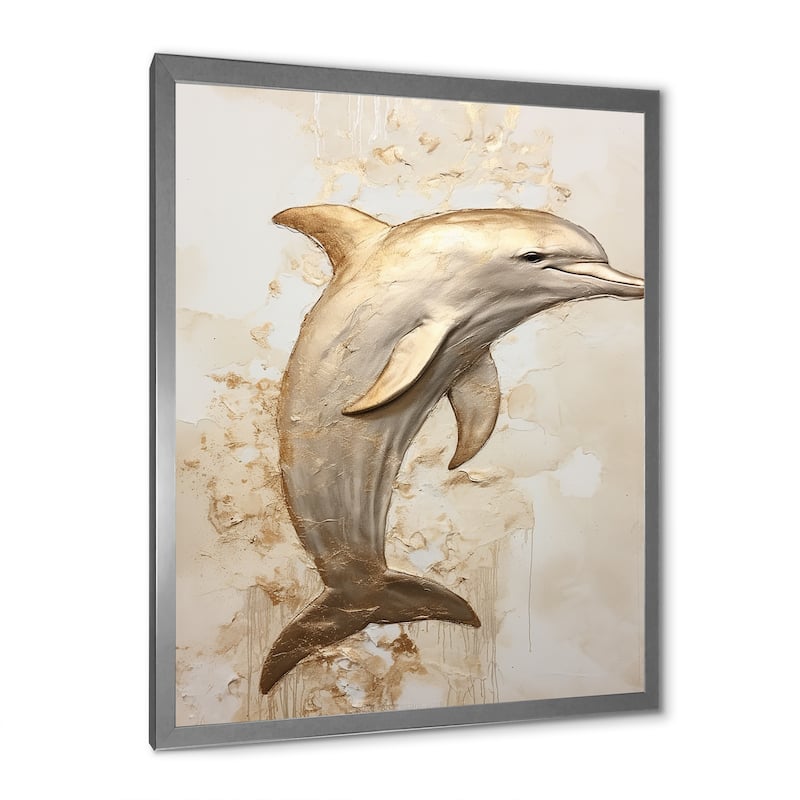Designart "Beige And Gold Dolphin Happiness II" Animals Dolphin Framed Canvas Wall Art