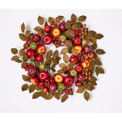 20" Mixed Fall Apple Pomegranate & Leaf Wreath on Natural Twig Base