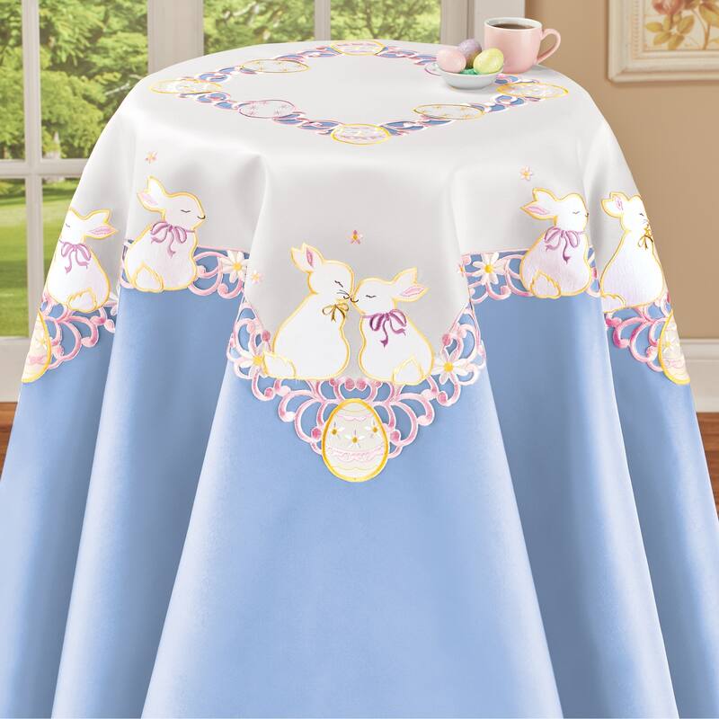 Fake Suede Kissing Bunnies Easter Table Linens - Square