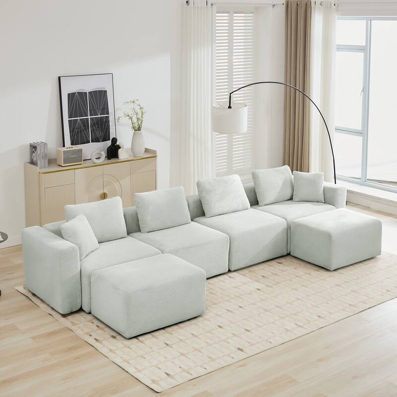 Corduroy Sectional Modular Sofa with Square Arms & Ottoman Extension for Flexible Arrangements