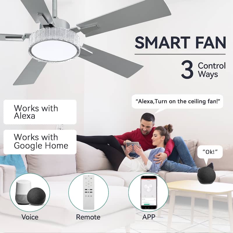 Moasis 52 Inch 5-Blade Crystal Chandelier Ceiling Fans with Lights and Remote Control - 52 Inches