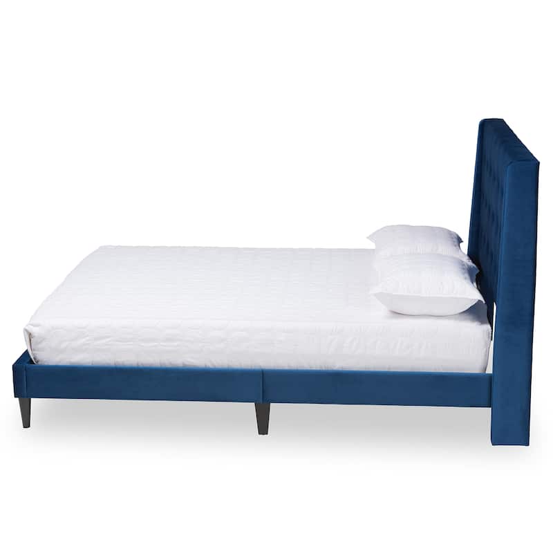 Gothard Modern and Contemporary Velvet Fabric Upholstered and Dark Brown Finished Wood Platform Bed